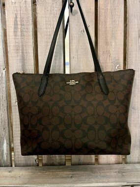 Coach Dark Brown Signature Canvas Tote with Black Handles